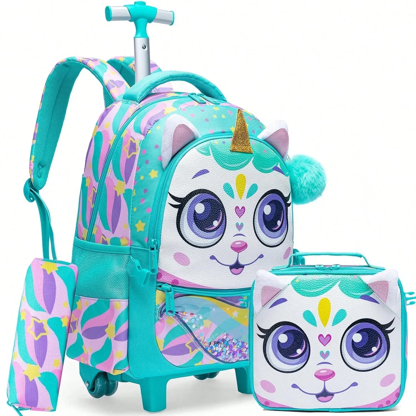 Mochila Infantil 3 em 1 com Rodinhas + Lancheira + Estojo – Colorida e Divertida