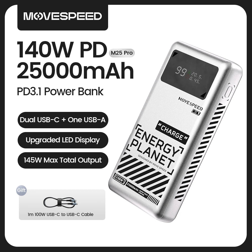 Power Bank Premium MOVESPEED 25000mAh 140W – Carregamento Super Rápido