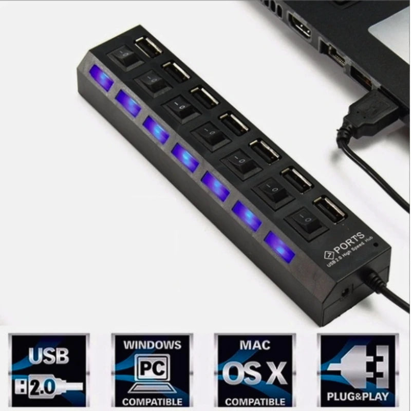 🔌 Hub USB 7 Portas com Interruptor – Expansor de Portas para Notebook e PC