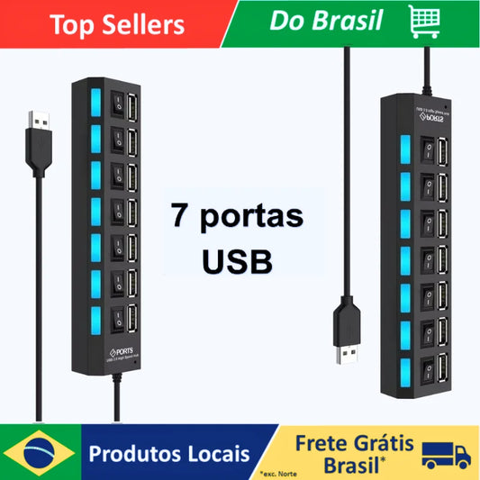 🔌 Hub USB 7 Portas com Interruptor – Expansor de Portas para Notebook e PC