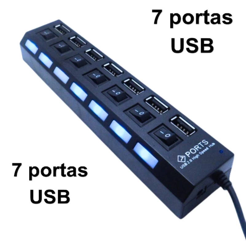 🔌 Hub USB 7 Portas com Interruptor – Expansor de Portas para Notebook e PC