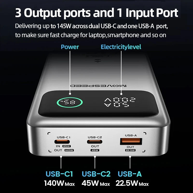 Power Bank Premium MOVESPEED 25000mAh 140W – Carregamento Super Rápido