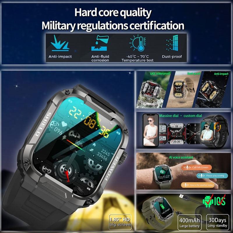 Relógio inteligente masculino militar, monitor saudável, voz AI, Bluetooth, chamada, fitness, esportes à prova d'água, smartwatch para IOS, telefone Android 2023 - Petra Zoully