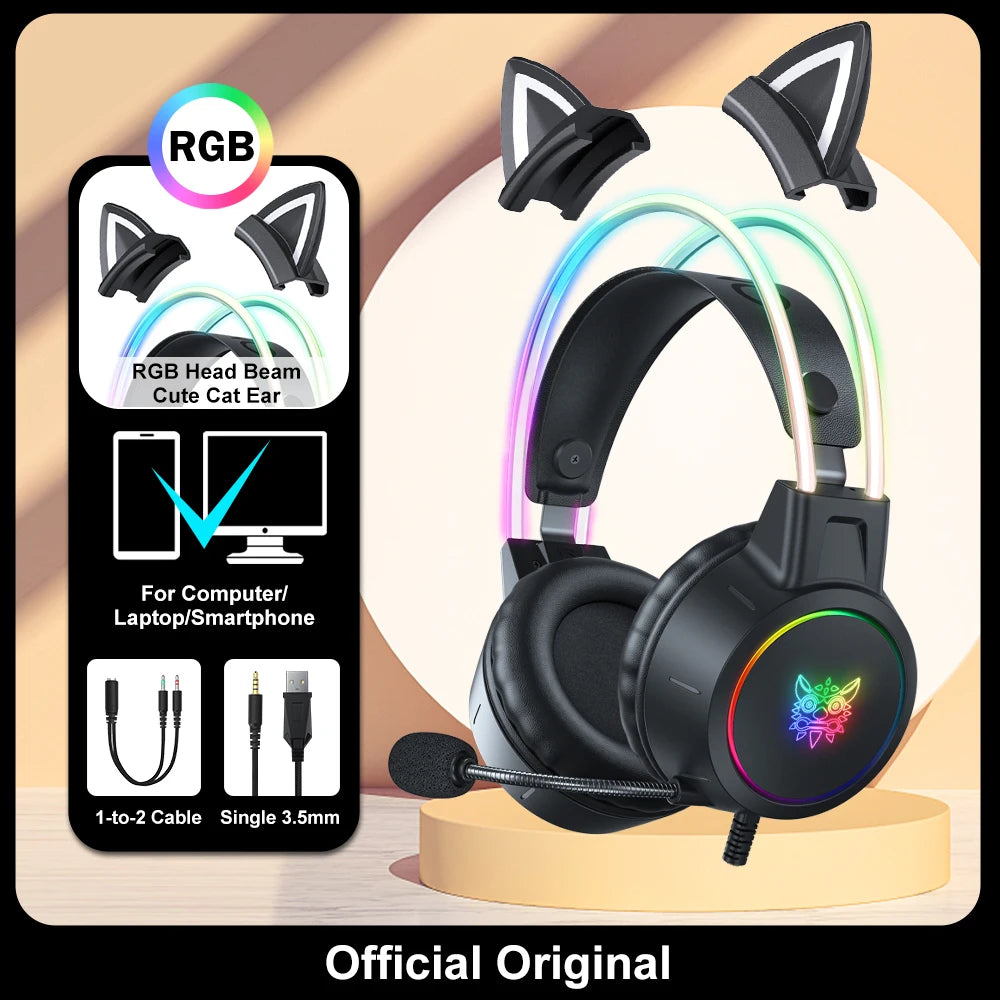 🎧 Headset Gamer ONIKUMA X15 RGB – Rosa com Orelhas de Gato