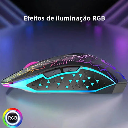 Mouse Gamer Sem Fio RGB – Bluetooth 5.2 + 2.4G, 6 Botões, LED Colorido, Silencioso e Recarregável