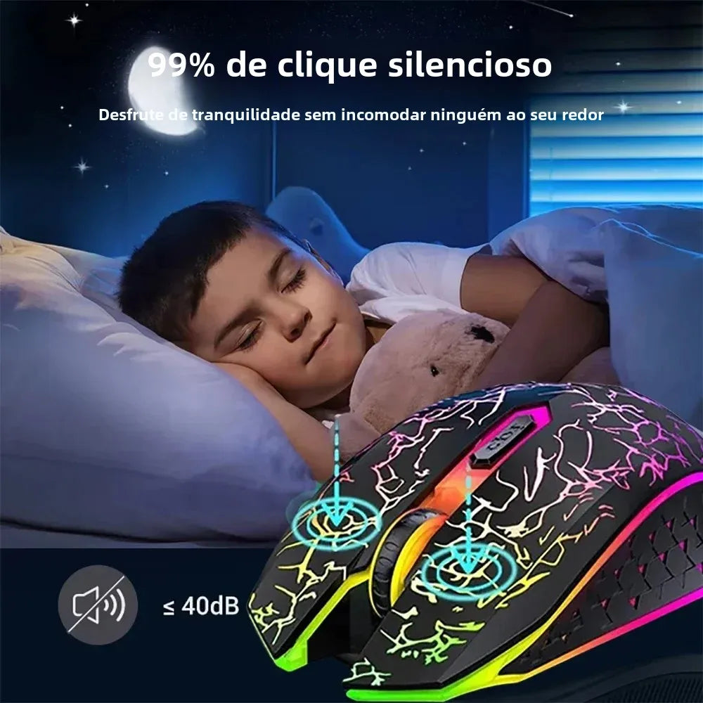 Mouse Gamer Sem Fio RGB – Bluetooth 5.2 + 2.4G, 6 Botões, LED Colorido, Silencioso e Recarregável
