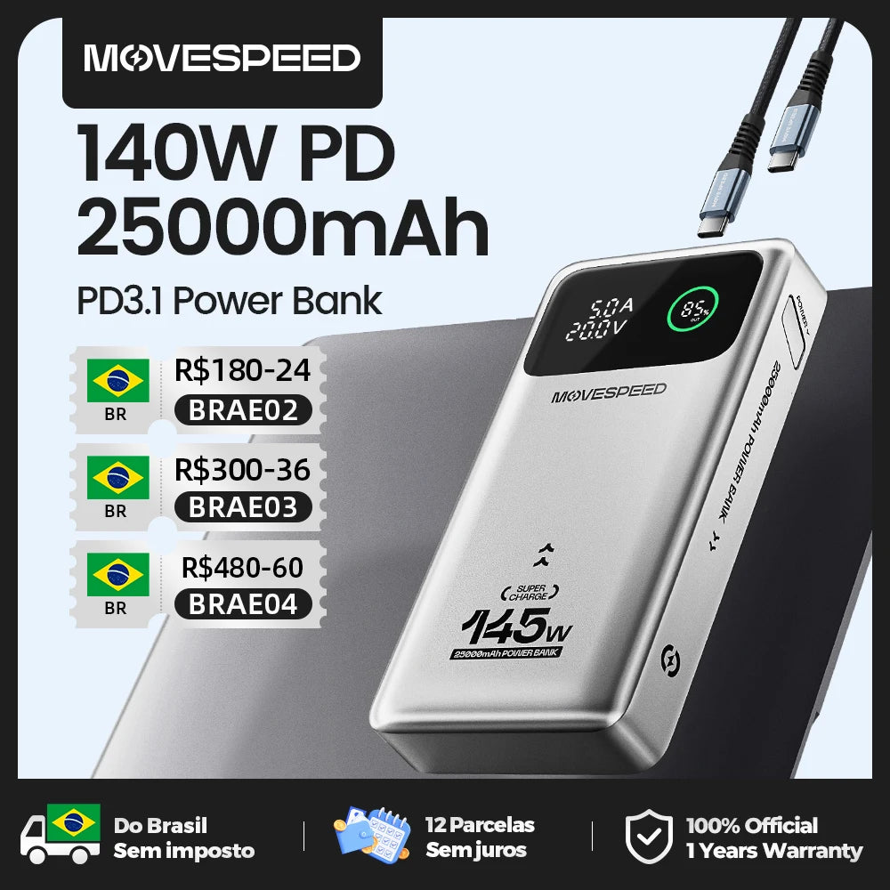 Power Bank Premium MOVESPEED 25000mAh 140W – Carregamento Super Rápido