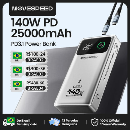 Power Bank Premium MOVESPEED 25000mAh 140W – Carregamento Super Rápido