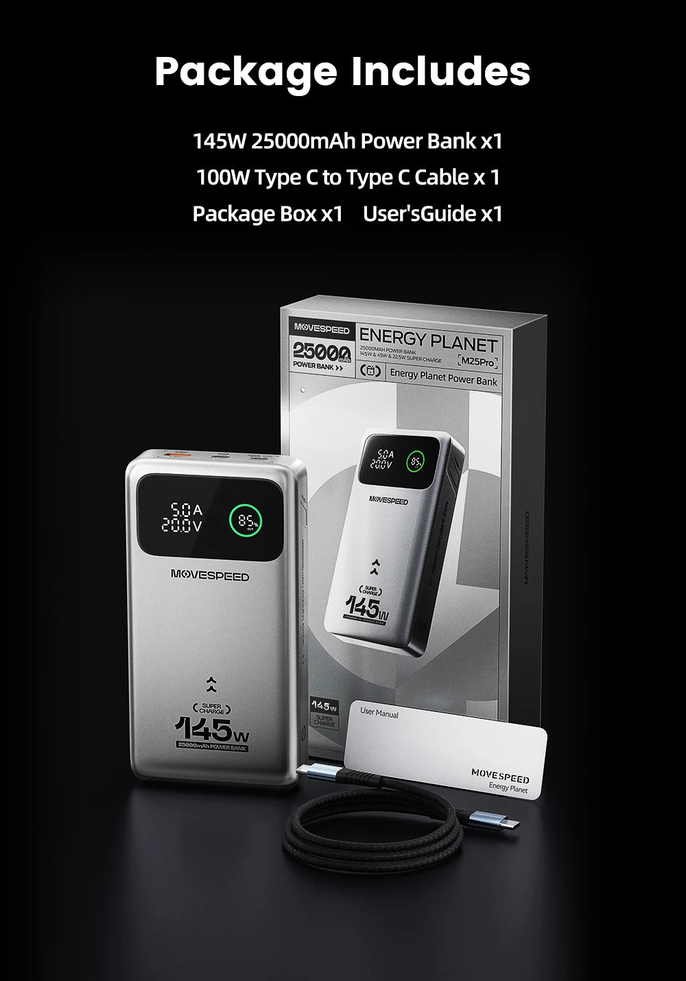 Power Bank Premium MOVESPEED 25000mAh 140W – Carregamento Super Rápido