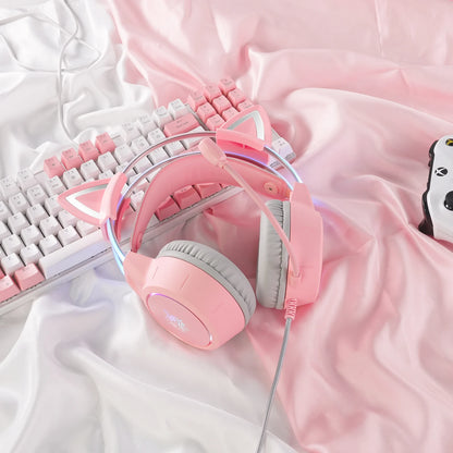 🎧 Headset Gamer ONIKUMA X15 RGB – Rosa com Orelhas de Gato