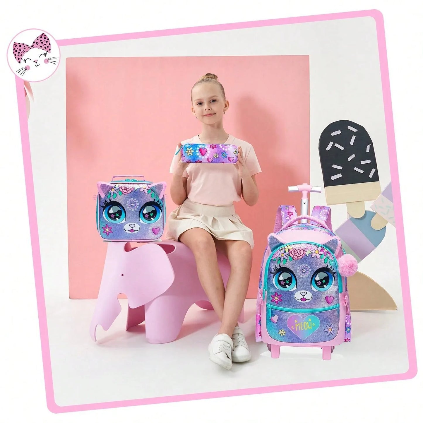 Mochila Infantil 3 em 1 com Rodinhas + Lancheira + Estojo – Colorida e Divertida