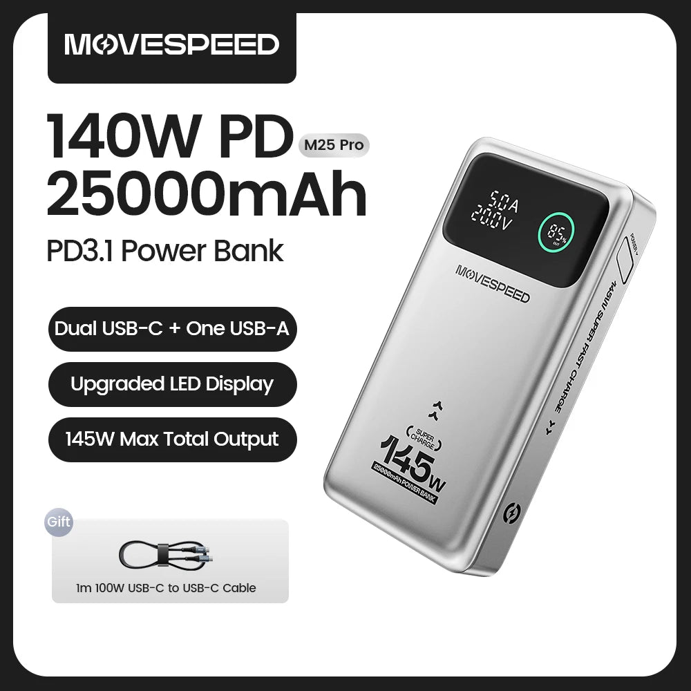 Power Bank Premium MOVESPEED 25000mAh 140W – Carregamento Super Rápido