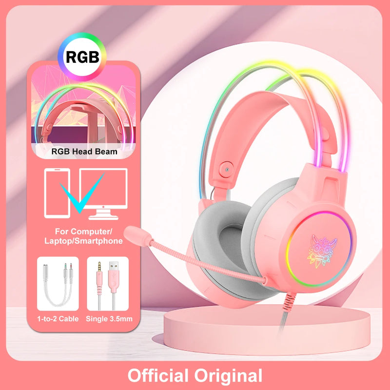 🎧 Headset Gamer ONIKUMA X15 RGB – Rosa com Orelhas de Gato
