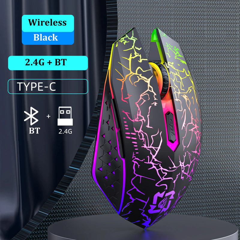 Mouse Gamer Sem Fio RGB – Bluetooth 5.2 + 2.4G, 6 Botões, LED Colorido, Silencioso e Recarregável