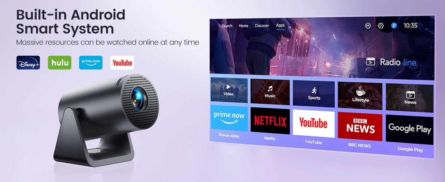 🎥 Mini Projetor Wimius 4K HD – Android TV, 1080P, Auto Keystone, 270° Rotação