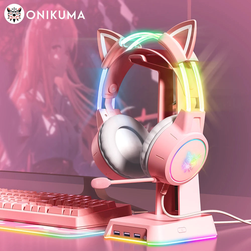 🎧 Headset Gamer ONIKUMA X15 RGB – Rosa com Orelhas de Gato