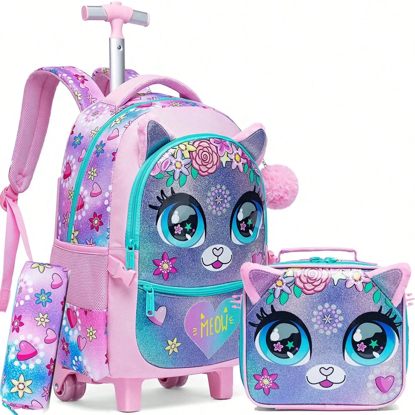 Mochila Infantil 3 em 1 com Rodinhas + Lancheira + Estojo – Colorida e Divertida