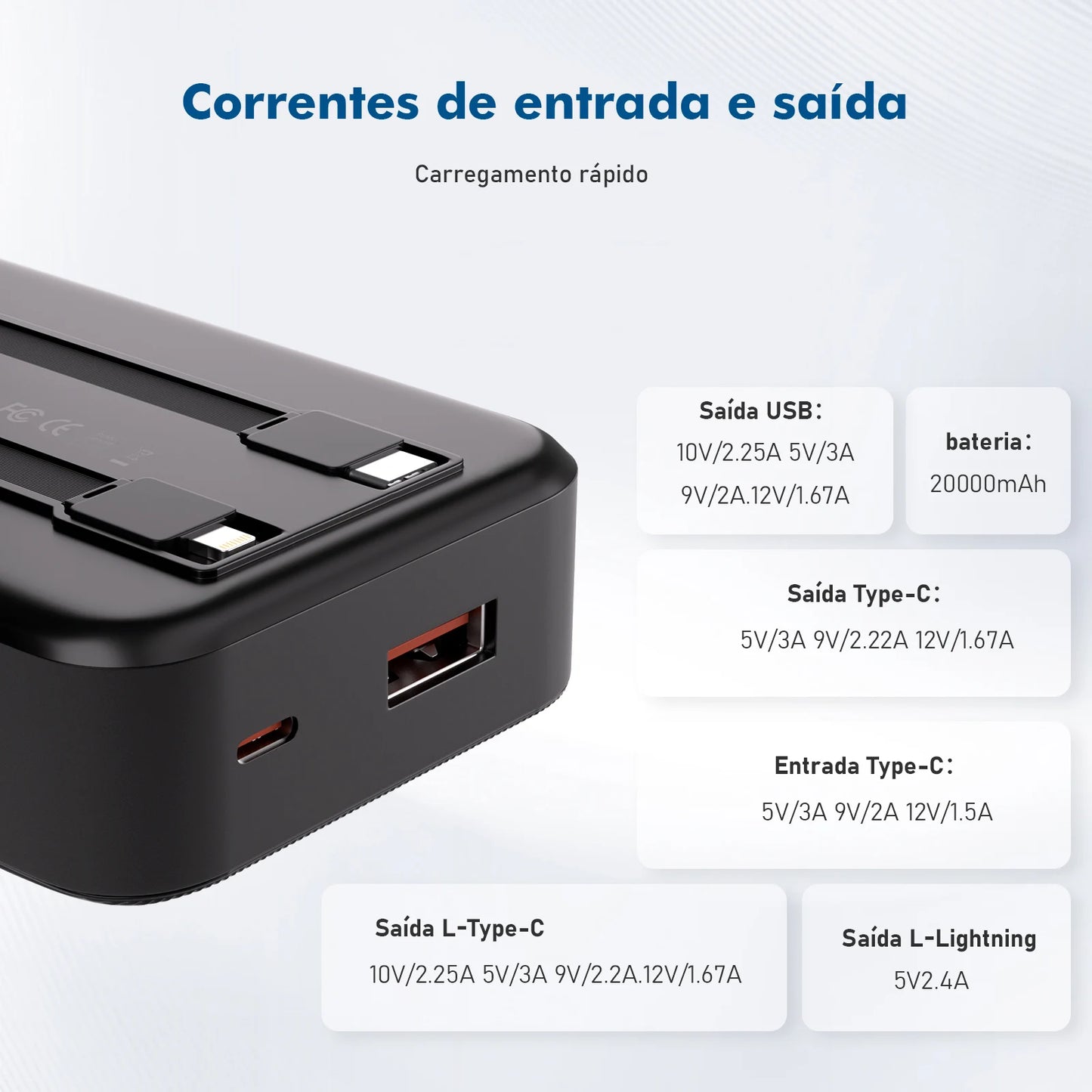 🔋 Power Bank Portátil 20.000mAh – Carregamento Rápido, Compacto e Potente