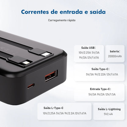 🔋 Power Bank Portátil 20.000mAh – Carregamento Rápido, Compacto e Potente