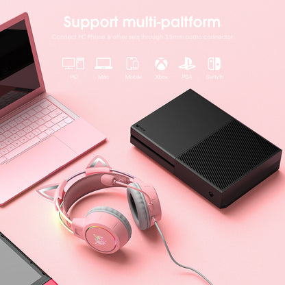 🎧 Headset Gamer ONIKUMA X15 RGB – Rosa com Orelhas de Gato