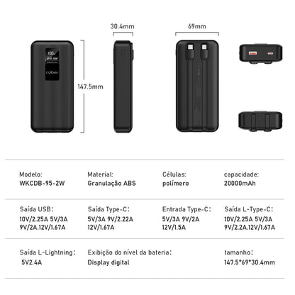 🔋 Power Bank Portátil 20.000mAh – Carregamento Rápido, Compacto e Potente