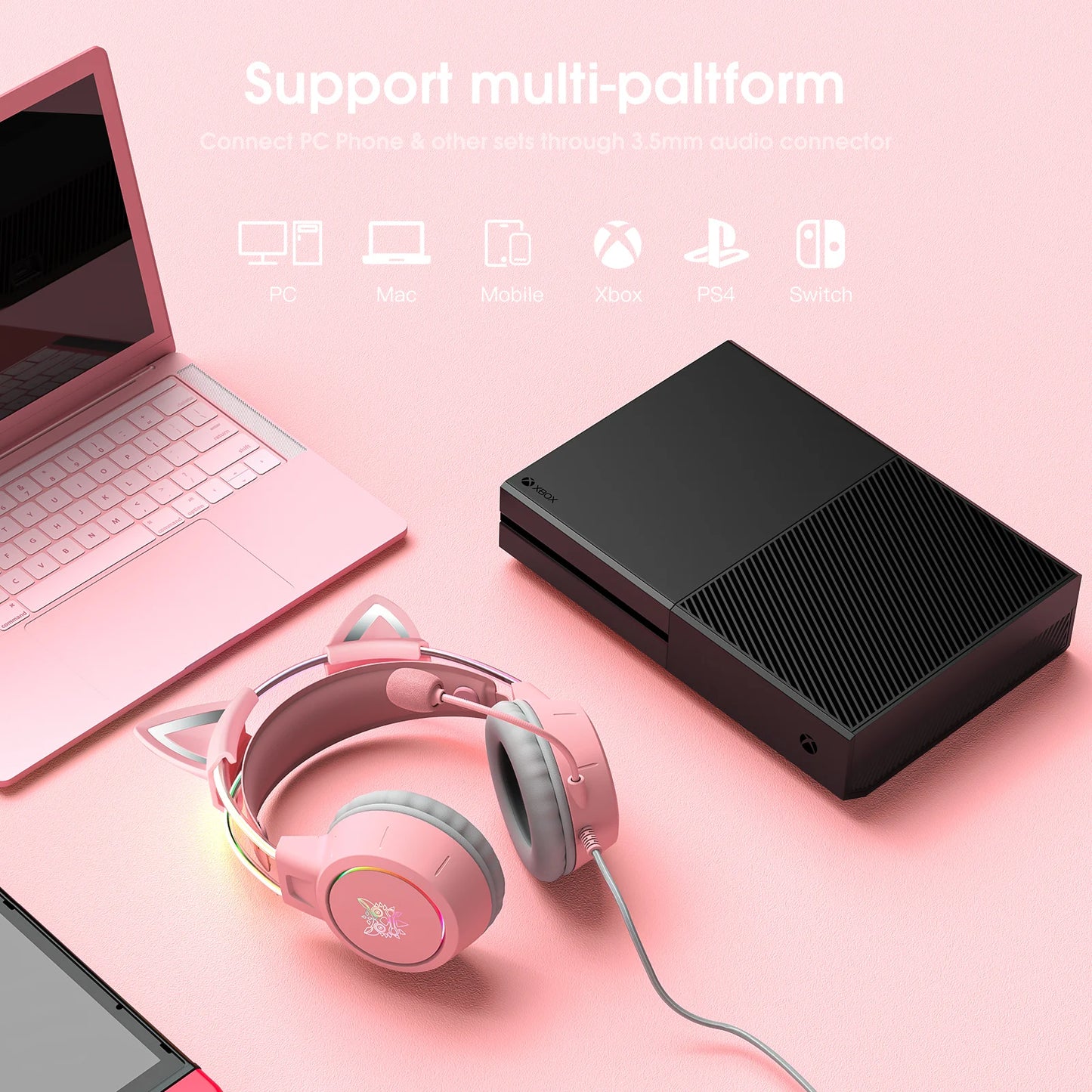 🎧 Headset Gamer ONIKUMA X15 RGB – Rosa com Orelhas de Gato