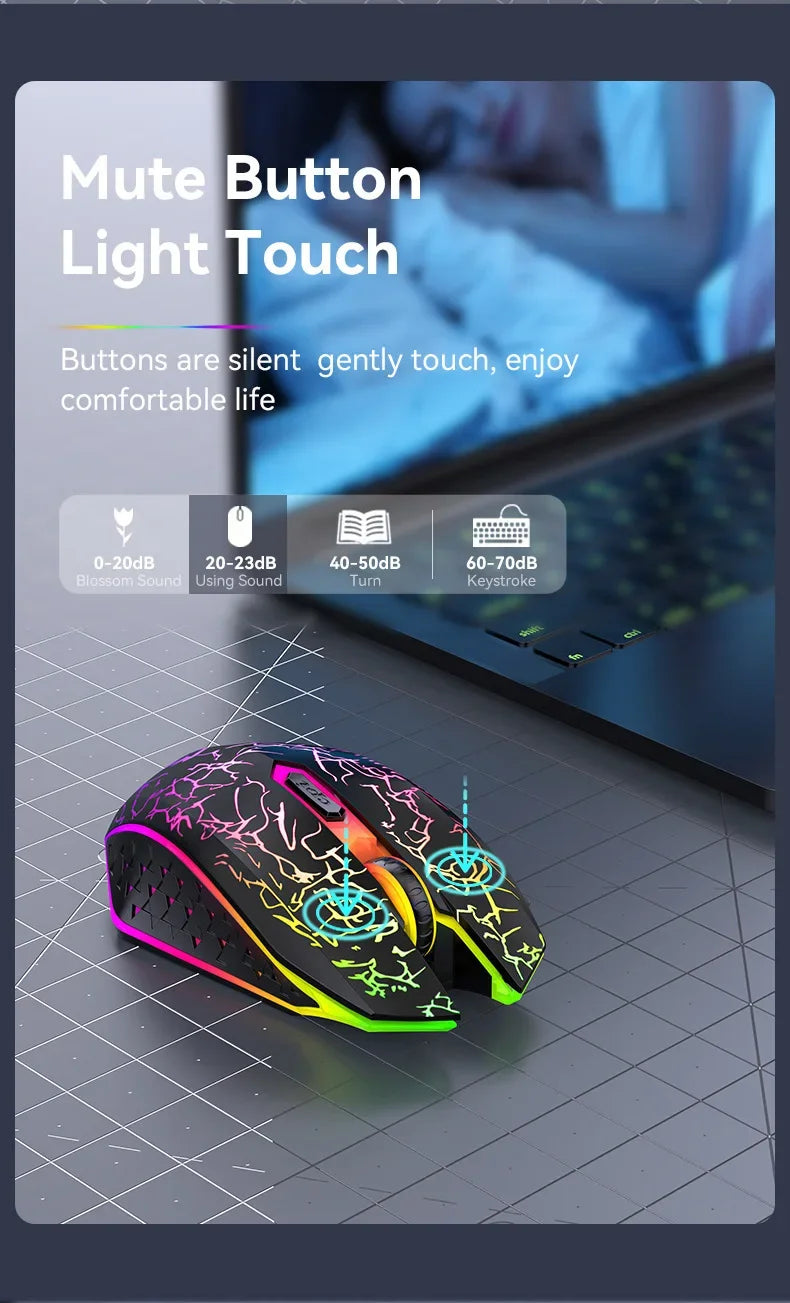 Mouse Gamer Sem Fio RGB – Bluetooth 5.2 + 2.4G, 6 Botões, LED Colorido, Silencioso e Recarregável