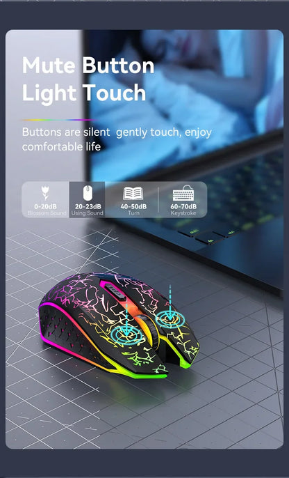 Mouse Gamer Sem Fio RGB – Bluetooth 5.2 + 2.4G, 6 Botões, LED Colorido, Silencioso e Recarregável