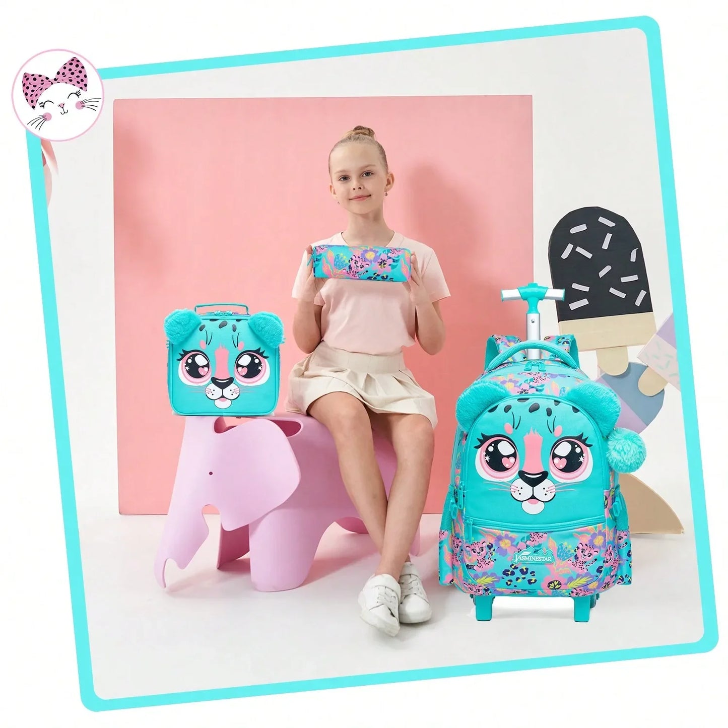 Mochila Infantil 3 em 1 com Rodinhas + Lancheira + Estojo – Colorida e Divertida