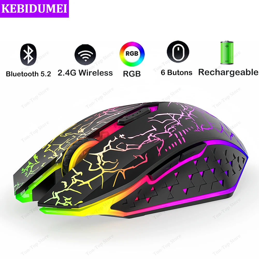 Mouse Gamer Sem Fio RGB – Bluetooth 5.2 + 2.4G, 6 Botões, LED Colorido, Silencioso e Recarregável
