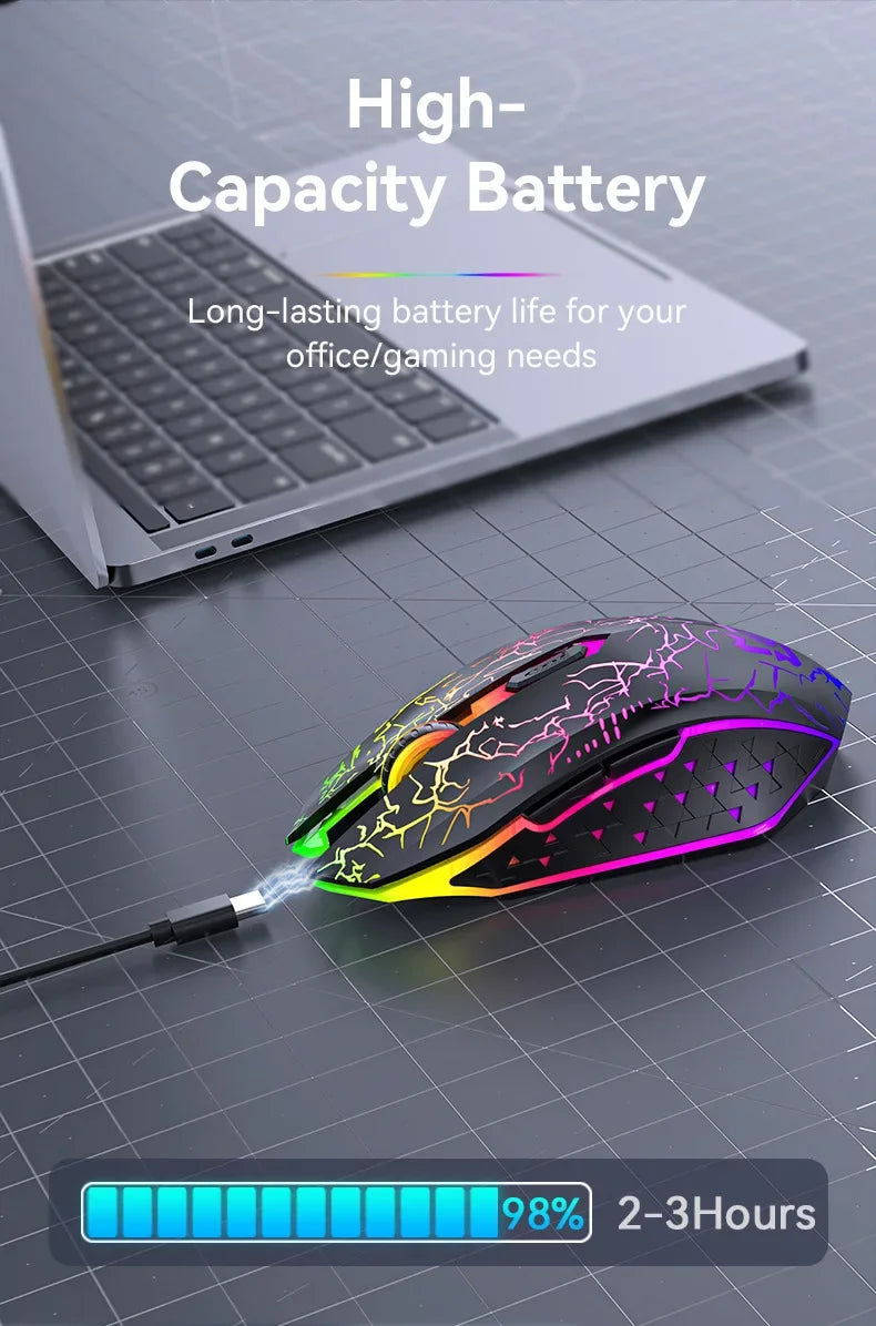 Mouse Gamer Sem Fio RGB – Bluetooth 5.2 + 2.4G, 6 Botões, LED Colorido, Silencioso e Recarregável