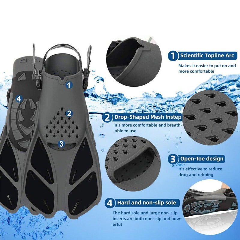 Nadadeiras de mergulho com snorkel profissional, nadadeiras ajustáveis ​​para conforto de natação para adultos, nadadeiras para crianças, equipamentos de natação
